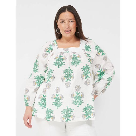 Lane Bryant White + Green Floral Print Square Neck Swing Peasant Blouse - 26/28 - Picture 1 of 10